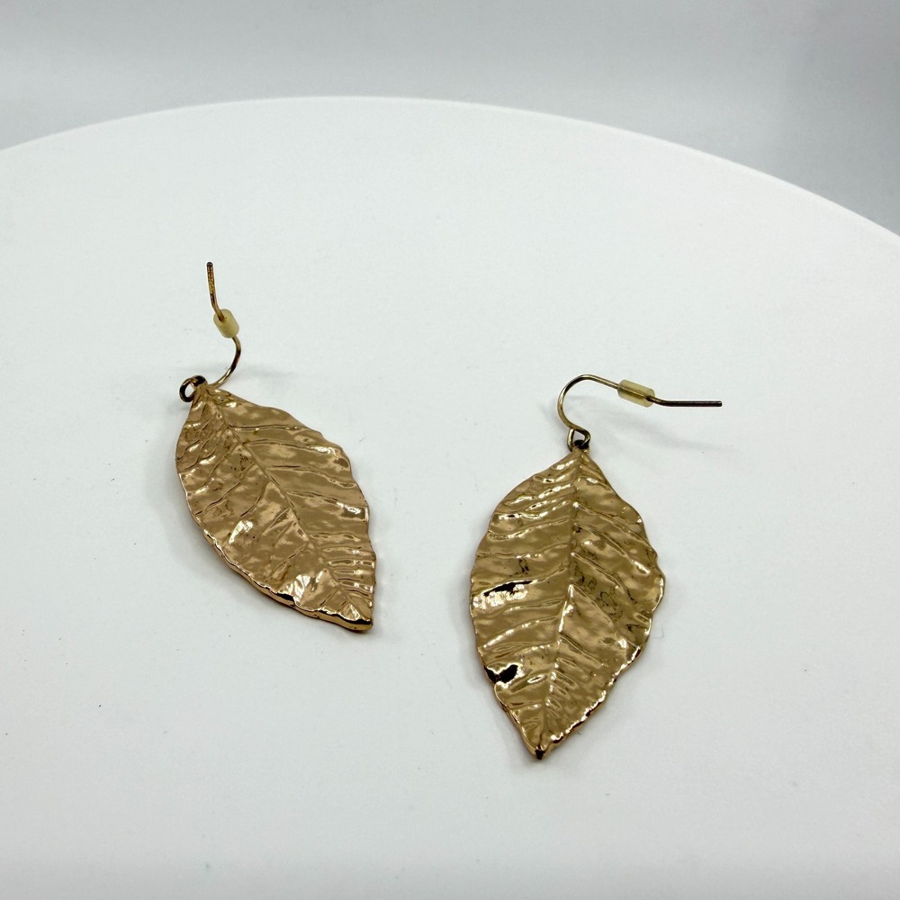 Gold Tone Leaf Dangle Earrings - Nature Inspired Minimalist Statement